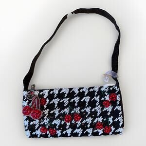 Viral Handcrafted Beaded Cherry Bag Charm Checked Houndstooth Pattern Black New